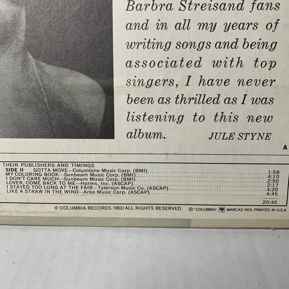 The Second Barbara Streisand Album Columbia Records 1963 Vinyl Record - Picture 4 of 7